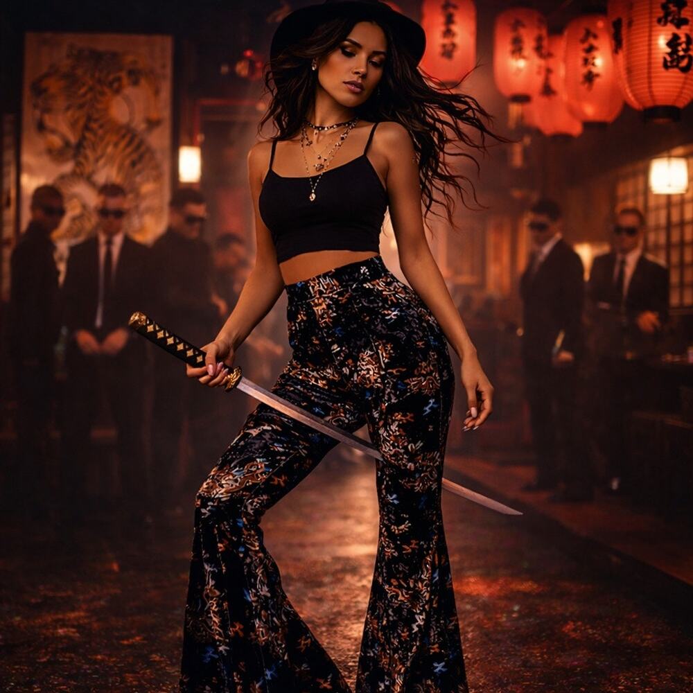 Black Velvet Dragon Print Bell Bottom Pants Festival Y2K Boho Witch Flare - Picture 3 of 10